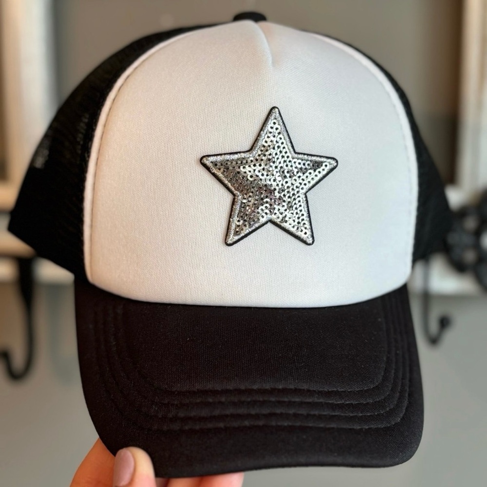 Rick Star Trucker Hat Adjustable with Silver Sequin Star Patch